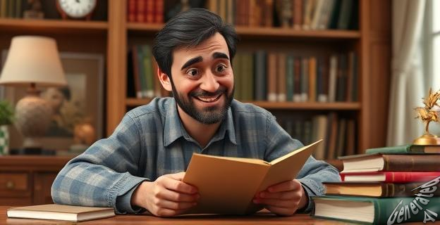 Un padre escribiendo una carta a su hijo con una sonrisa, rodeado de libros y objetos de arte.