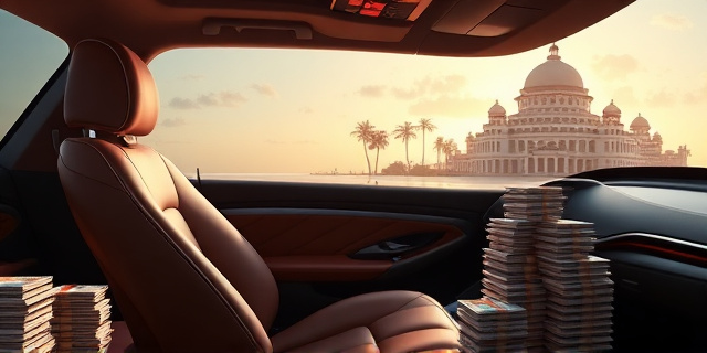 Una ilustración conceptual y satírica. Un lujoso asiento de cuero de coche oficial transformado en un trono de oficina, rodeado de fajos de billetes que se convierten en hojas de votación de un partido político. Al fondo, una silueta de un edificio gubernamental fundiéndose con un resort de lujo en la playa, estilo editorial de revista política, colores contrastados, atmósfera de cinismo.