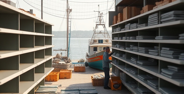 Una fábrica de conservas de pescado en España con estantes vacíos y trabajadores preocupados, mientras que al fondo se ve un barco de pesca marroquí descargando sardinas en un puerto de Marruecos.