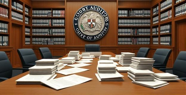 Imagen de una sala de justicia con un tribunal de cuentas sesionando, con documentos y expedientes sobre subvenciones municipales esparcidos por la mesa. Al fondo, una pared con estanterías llenas de legajos y un gran sello oficial del Tribunal de Cuentas.