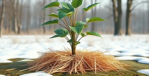 Imagen de una planta con una capa de acolchado de paja alrededor de su base, con un fondo invernal con nieve y árboles desnudos