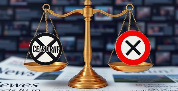 Una balanza con un lado con un símbolo de censura y el otro con un símbolo de libertad de expresión, con un fondo de noticias digitales