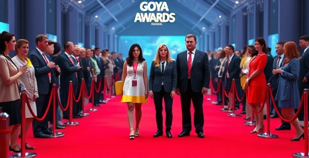 Una alfombra roja en los Premios Goya con asistentes llevando insignias de diferentes causas, mientras Macarena Gómez y Aldo Comas destacan en el centro, mirando hacia la cámara con expresiones serias y críticas.