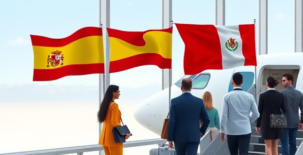 Una delegación oficial del Instituto Cervantes viajando a Perú, con banderas de España y Perú ondeando en el aeropuerto, y un grupo diverso de personas subiendo a un avión.