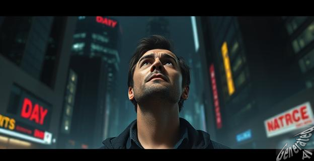 Una imagen oscura y futurista de una ciudad nocturna con un hombre en el centro, mirando hacia arriba con una expresión de confusión y miedo.