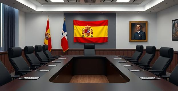 Imagen de una sala de reuniones de la Policía Nacional con una bandera de España y un retrato del Rey en la pared, mostrando un ambiente serio y oficial.