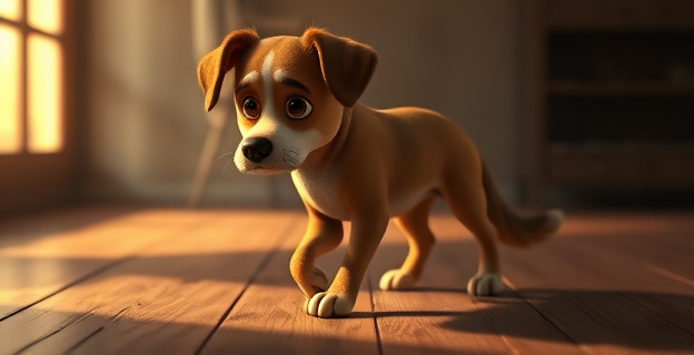 Un perro de raza mestiza, con pelaje de tonos tierra y ojos expresivos, mira con una leve expresión de incomodidad mientras su cola, de forma estilizada y un poco baja, roza suavemente un suelo rústico de madera. La escena se ilumina con una luz cálida y difusa que entra por una ventana lateral, creando una atmósfera de hogar y preocupación. No hay personas visibles, solo la silueta del perro y su sutil interacción con el entorno.