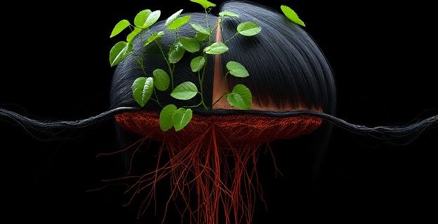 Una representación artística de una planta trepadora con raíces prominentes, rodeada de folículos pilosos sanos y vasos sanguíneos, con un contraste entre la mitad izquierda, más oscura y con signos de calvicie, y la mitad derecha, iluminada y con cabello sano, simbolizando la regeneración capilar.