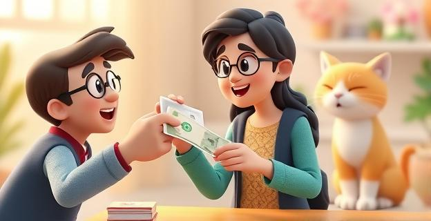 Ilustración de una persona donando dinero a una organización benéfica con un gato en el fondo