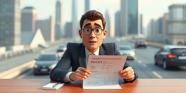 Un hombre de negocios sentado en una mesa con una factura delante, con una expresión de sorpresa en su rostro. Al fondo, una ciudad con rascacielos y coches circulando.