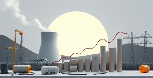 Una central nuclear en desmantelamiento con un gran vacío energético en el fondo, representado por una gran sombra o hueco, y un primer plano de gráficos al alza representando el encarecimiento de la vida y los costes industriales. Alrededor, elementos que simbolizan la digitalización y el almacenamiento de energía, como baterías y cables de red.