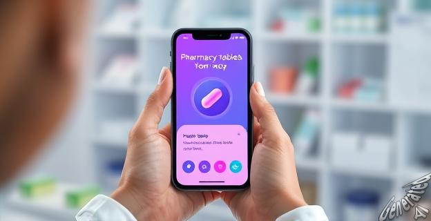 Una imagen de una persona sosteniendo un teléfono móvil con una aplicación de farmacia en la pantalla, con una tableta de medicamento en el fondo.
