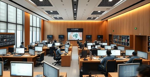 Oficina central del Banco de España con empleados trabajando en un ambiente tenso y jerárquico