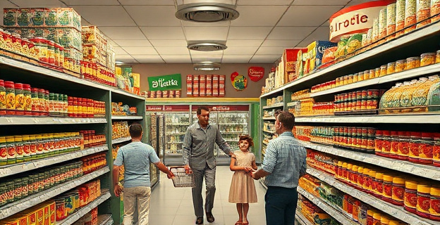 Una imagen que represente un supermercado estadounidense de la posguerra lleno de productos enlatados y procesados, con estantes repletos de 