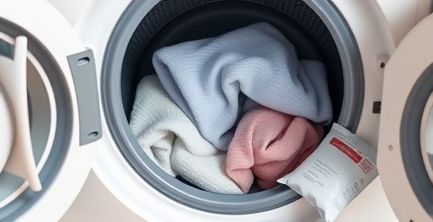 Una lavadora con la tapa abierta mostrando ropa limpia y paños de cocina separados, con un paquete de percarbonato sódico en el borde de la lavadora.