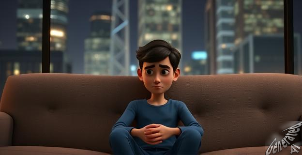 Una persona sentada en un sofá con una expresión de tristeza y reflexión, con una ciudad nocturna de fondo.