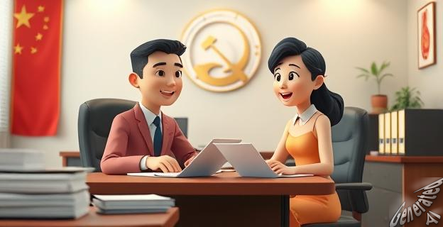 Un hombre y una mujer sentados en una mesa de un despacho, rodeados de documentos y papeles, con un logo del Partido Popular al fondo.