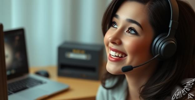 Una mujer sonriendo mientras escucha una grabación de su voz clonada en un dispositivo, con una cinta VHS y una laptop al fondo.
