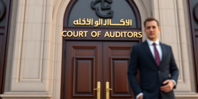 Un edificio del Tribunal de Cuentas con una gran puerta de madera oscura y un letrero que dice 