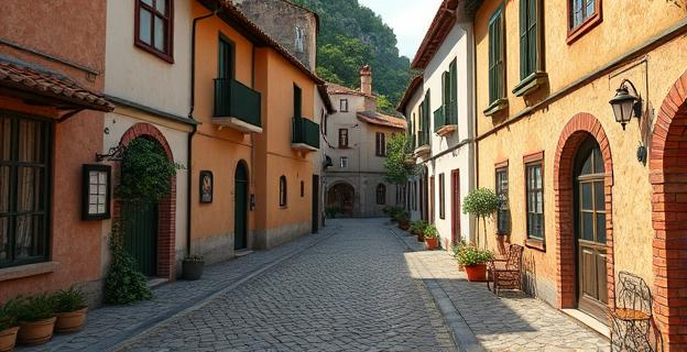Un pueblo español con calles empedradas y casas antiguas, rodeado de naturaleza, con un ambiente tranquilo y sereno.
