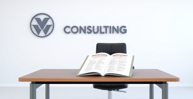 Una imagen que represente una oficina con un escritorio y una silla vacía, con un logotipo de una empresa de asesoramiento en la pared y un informe de análisis estratégico en una carpeta abierta sobre el escritorio, con un sello de 