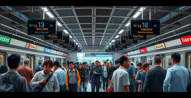 Imagen de una estación de tren caótica con viajeros desorientados y personal de seguridad, sin incluir personas reconocibles ni nombres propios
