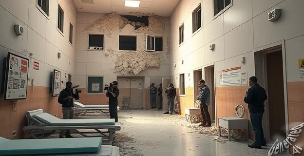 Imagen de un hospital en Gaza con daños por ataques aéreos y periodistas trabajando en la escena