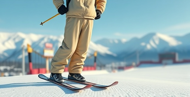 Un atleta de salto de esquí con un traje holgado y pantalones anchos, con una ligera insinuación de una forma geométrica en la entrepierna, en una pista de esquí con nieve y montañas al fondo