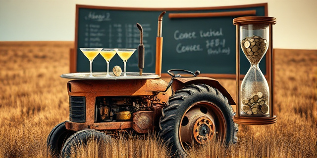 Una ilustración conceptual surrealista donde una bandeja de bar con copas de cocktail se equilibra precariamente sobre un tractor oxidado y abandonado en un campo seco. Al fondo, una pizarra de escuela borrada y un reloj de arena donde la arena son monedas de euro. Estilo editorial, colores saturados, contraste fuerte entre el lujo del turismo y la austeridad rural.