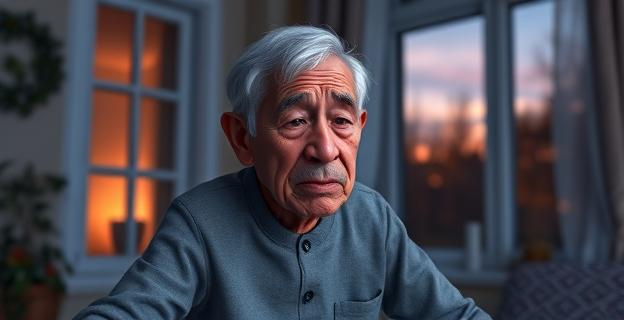 Imagen de una persona mayor en un entorno hogareño al anochecer, mostrando signos de confusión y agitación, con una ventana al fondo que muestra la transición del día a la noche.