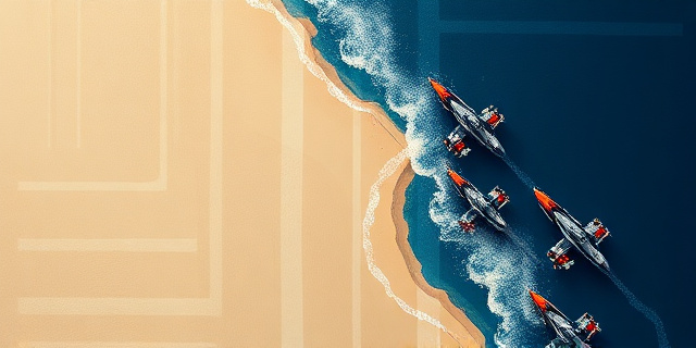 Una composición abstracta que representa el choque entre el azul profundo del mar y el color arena de una playa. Formas geométricas abstractas sugieren embarcaciones rápidas y elementos militares, todo envuelto en una atmósfera de tensión y misterio. Colores predominantes: azul marino, arena, gris plomo y toques de rojo intenso para simbolizar la urgencia. Estilo: expresionismo abstracto con influencia de la estética náutica.