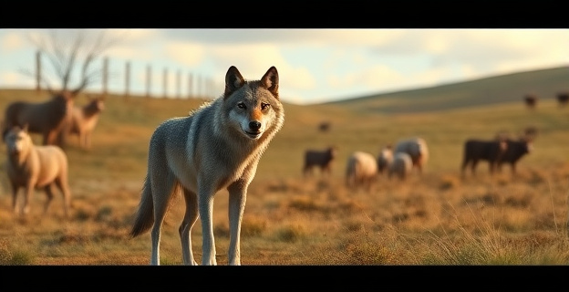 Imagen de un lobo en un paisaje rural con ganado al fondo