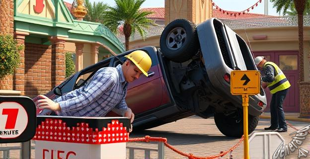 Un coche de atrezzo volcando en un parque temático con actores heridos siendo atendidos por servicios de emergencia