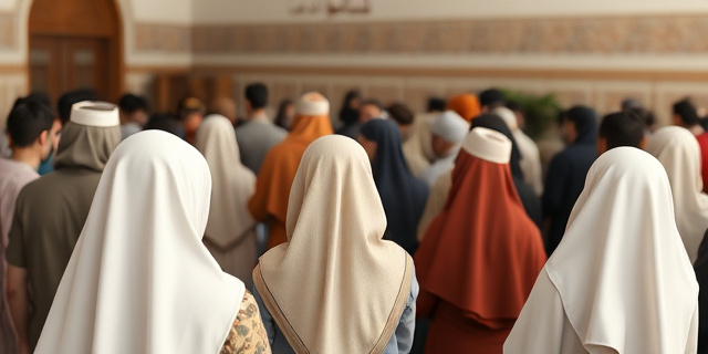 Una imagen de un grupo de personas de diferentes edades y géneros reunidas en un espacio comunitario, con algunas mujeres cubiertas con un velo islámico, mientras escuchan a un orador o participan en una actividad religiosa.