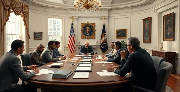 Una oficina de la Casa Blanca con un ambiente tenso y personas trabajando alrededor de una mesa grande con documentos. Al fondo, una bandera de Estados Unidos y una imagen del presidente en la pared.