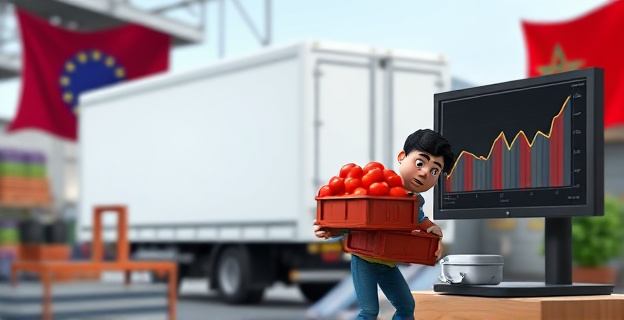 Una imagen que represente un camión frigorífico descargando cajas de tomates en un mercado europeo, con un fondo borroso que muestra las banderas de la UE y Marruecos. En primer plano, un trabajador manipulando las cajas con una expresión de confusión, mientras que en una pantalla de ordenador cercana se ve una gráfica con estadísticas a la baja.