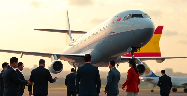 Imagen de un avión diplomático español despegando de Managua con una bandera de España y otra de Nicaragua al fondo, en un ambiente tenso y con personal diplomático despidiendo al embajador.