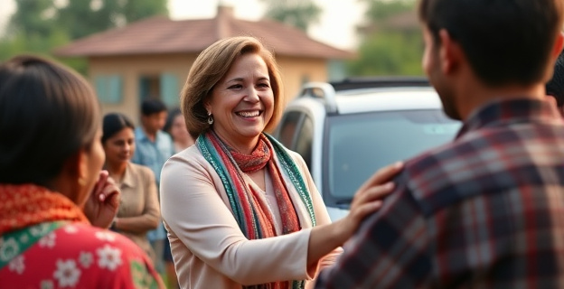 Imagen de una mujer política en campaña electoral, sonriendo y abrazando gente en un pueblo, con un coche Kia al fondo y un ambiente de cercanía y simpatía