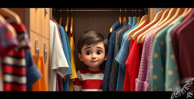 Un niño se esconde en un armario de clase con su amigo, rodeados de perchas y ropa.