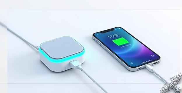 Ilustración de un cargador de smartphone con tecnología GaN, con un diseño compacto y eficiente, junto a un smartphone cargándose rápidamente.
