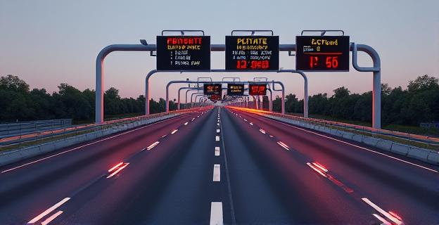 Imagen de una autopista con un carril delimitado por balizas luminosas y paneles informativos mostrando mensajes de tráfico