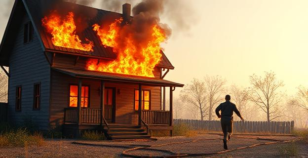 Una casa en llamas con humo saliendo de las ventanas y una figura corriendo hacia la distancia