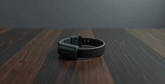 Una pulsera electrónica de seguimiento rota sobre una mesa de madera oscura con un fondo neutro gris