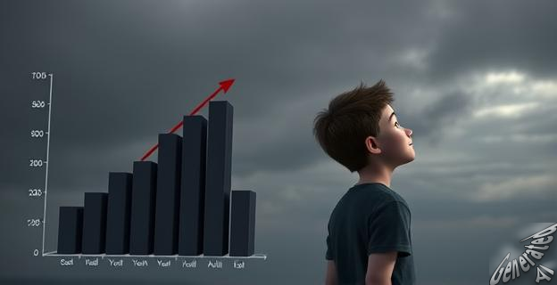 Un gráfico de barras comparando la felicidad de jóvenes y adultos, con líneas descendentes y ascendentes, en colores oscuros; un joven mirando al horizonte, estilo realista, fondo con tonos grises y un cielo nublado