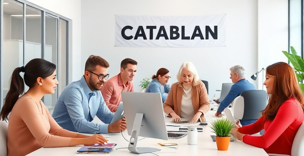 Una imagen que represente a personas de diferentes edades y orígenes trabajando juntas en una oficina moderna, con materiales de oficina y tecnología visible en el fondo, mientras una pancarta o un cartel en catalán cuelga de la pared.