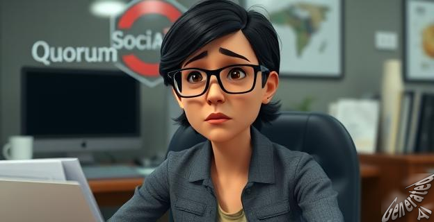 Una mujer de mediana edad con gafas y cabello oscuro, sentada en una oficina con papeles y un logo de Quorum Social77 detrás, mirando con una expresión seria y preocupada.