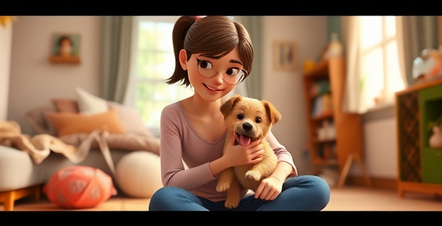 Imagen de una mujer joven con un perro o gato en un entorno hogareño, con elementos que reflejen cuidado y afecto, como juguetes y espacios dedicados a la mascota.