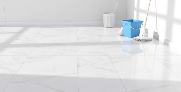 Imagen de un suelo brillante con paneles mates limpios, sin marcas ni manchas, con un cubo y una fregona en un rincón, y un aroma agradable en el aire