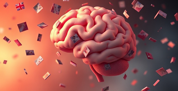Una imagen que representa la mente humana con fragmentos de recuerdos del pasado flotando alrededor, simbolizando la nostalgia y la memoria selectiva.