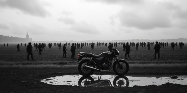 Una fotografía granulada en blanco y negro, estilo documental, de un campo lleno de gente con siluetas oscuras contra un cielo encapotado. En primer plano, una motocicleta aparcada torcida y un charco de barro. Ambiente de tensión y caos latente.  Foco suave, profundidad de campo reducida, efecto de desenfoque de movimiento.